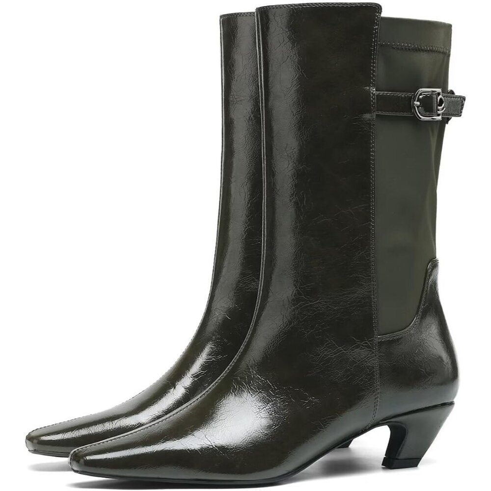 Women's Green Kitten Heel Comfortable Stylish Casual Footwear Pointed Toe Boots